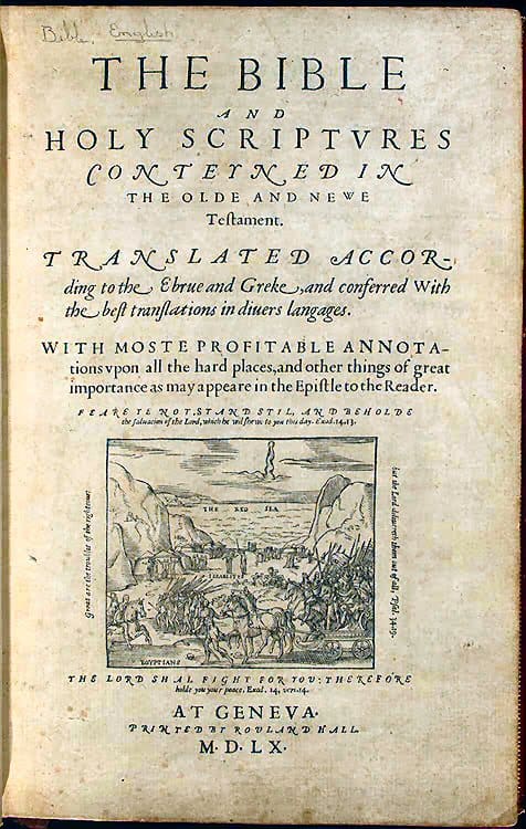 Frontispiece, the Geneva Bible, showing the crossing of the Red Sea by the fleeing Israelites. Visible in the background is the 'piller of cloud.' Image courtesy of Wikimedia Commons.