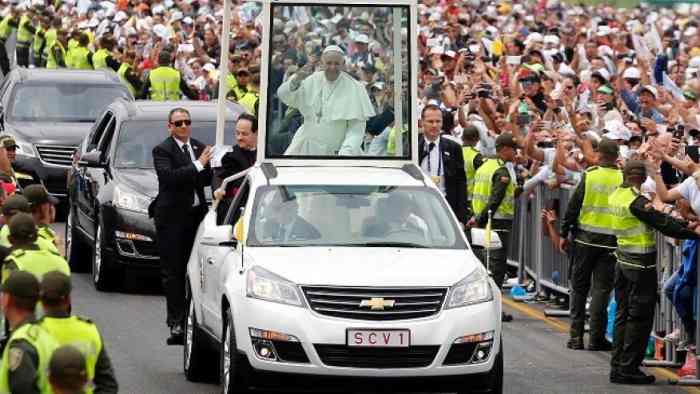 Wherever the pope goes, there are big crowds that want to see him, after all he is the leader of the Roman Catholic church, so, he makes sure that he meets his follower the best way he can, one of his ways is to greet them from his pope-mibile