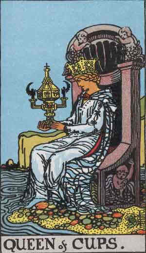 The Queen of Cups doubles up on emotions. In the reversed position, she is overwhelmed by her emotions or not in synch with them. It could be describing someone who is inauthentic and a trickster.