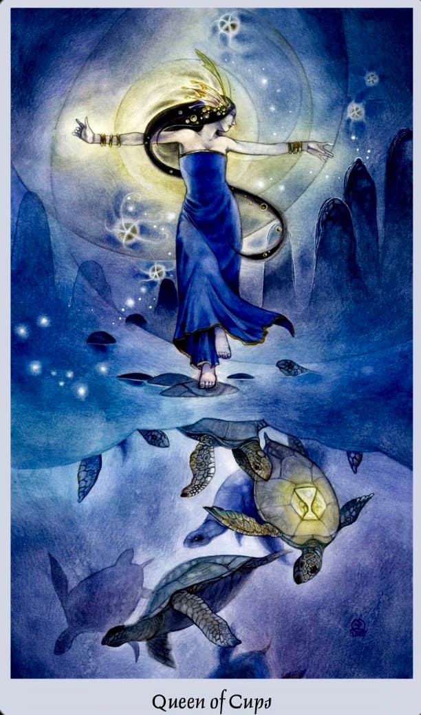 The Queen of Cups encourages you to be in tune with your intuition. Even if you're already pretty tight with your intuition, this card encourages you to continue doing so.