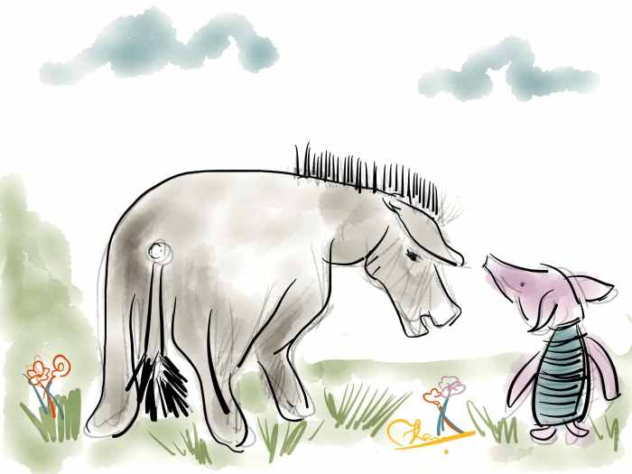 Piglet: "Do you think Docmo will write a story about us too?" Eeyore " I don't think so. I don't think we'll ever get a story about us from him...unless people ask him for it."