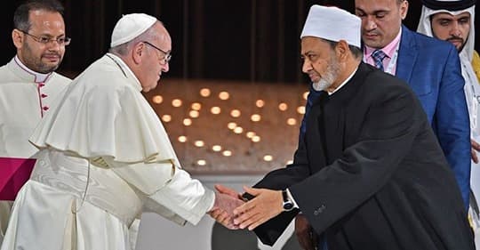 Pope Francis shaking hand with the grand imam of al-Azhar. Perhaps they want to start a new way of fraternity between religions and nations.
