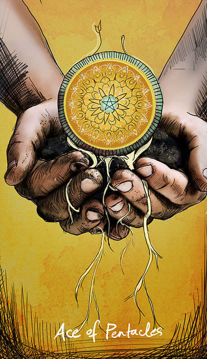 The Ace of Pentacles begins the suit associated with the earth element. It focuses on wealth, health, and longevity.
