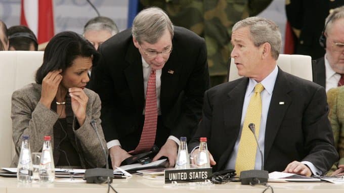 U.S. Secretary of State Condoleezza Rice, U.S. National Security Adviser Stephen Hadley, and President George W. Bush at the NATO summit.
