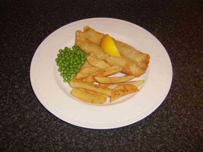 Whiting is the fish served in this instance instead of the traditional cod or haddock, along with freshly prepared chips and peas
