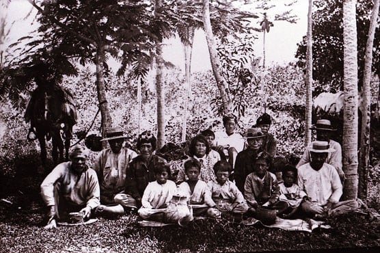 A group of Native Hawaiians by a road in the Puna District, Island of Hawai'i, 1895