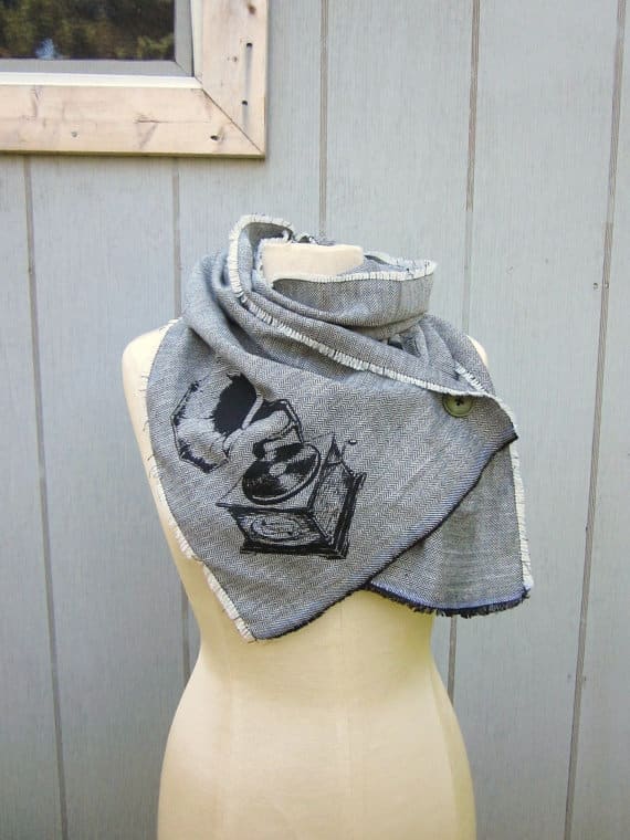 Scarf, Gramophone Printed Herringbone Button-up: In addition the the traditional wool, there are other fabrics with herringbone prints now, such as the cotton/wool blend used for this scarf.