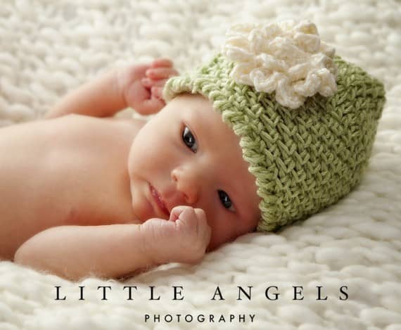 PDF 456: Lime Sherbet Herringbone Look Beanie Crochet Hat Pattern with Flower -- Multiple Sizes Newborn through Age 3: This crochet technique creates a herringbone effect.