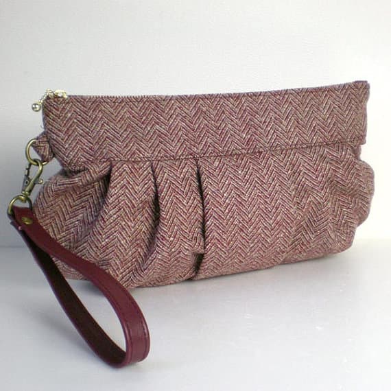 Herringbone Tweed Wool Wristlet Clutch bag with a leather strap, purple brown