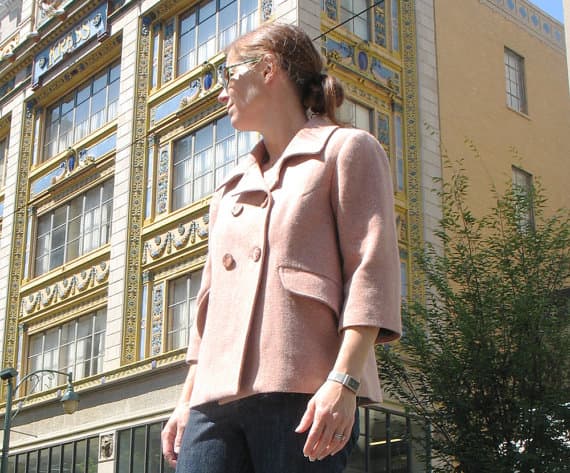 Jackie O retro swing jacket in Pink Wool herringbone and recycled buttons
