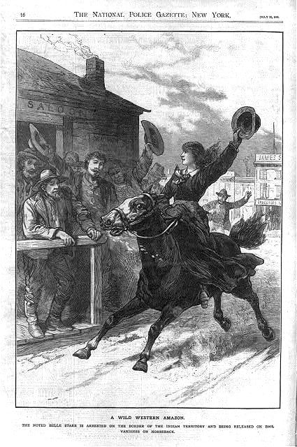 The National Police Gazette depicting the myth of Belle Starr galloping through town and firing off her six-shooters. This is something that likely never happened.