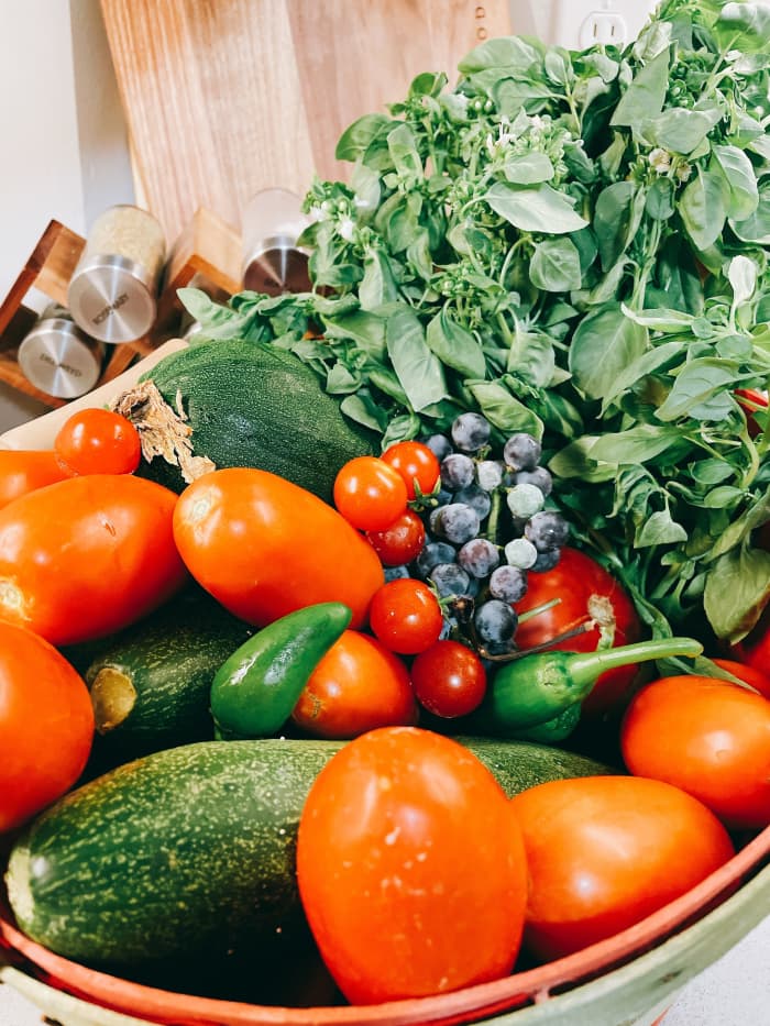 A bucket of full fresh and organic vegetables from the garden: zucchini, cucumber, green pepper, grapes, cherry tomatoes, and much more!