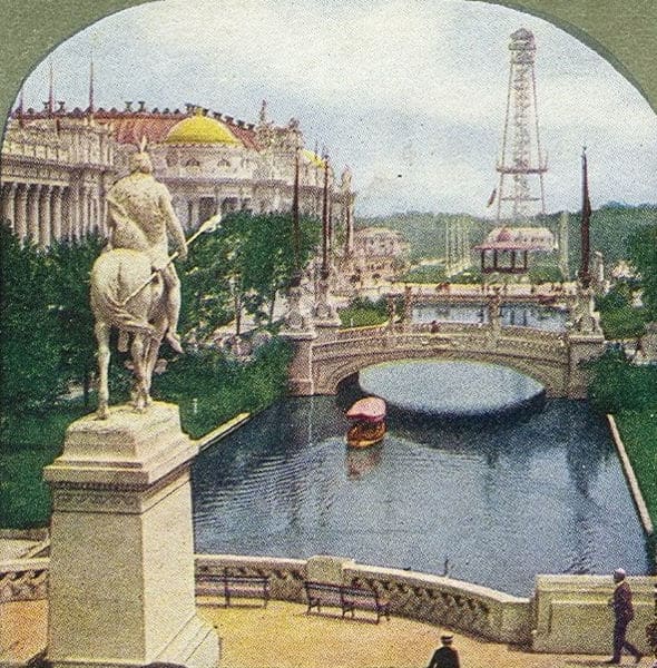 East Lagoon. Statue of Saint Louis in the foreground, with Palaces of Education and Manufacture, and wireless telegraph tower.