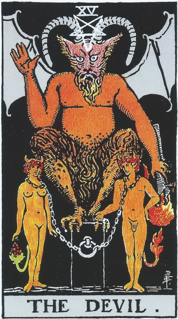This famous Tarot card is symbolic, not literal. Tarot has nothing to do with devilish creatures. It shows people voluntarily chained to a bad but tempting habit, negativity, or compromise. The loose chains show that you can free yourself if you want