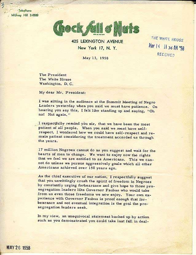 Jackie Robinson writes to the president of the United States demanding action on civil rights. (Click link to read letter.)