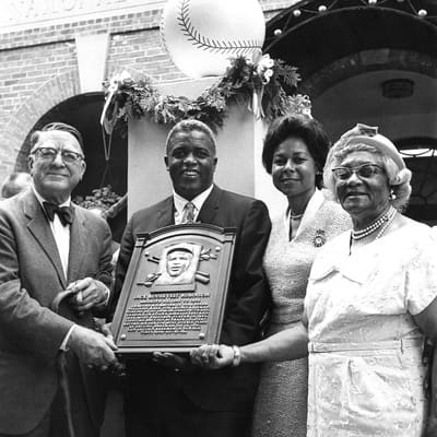 Branch Ricky, Jackie Robinson, Rachel Robinson (wife), Mallie Robinson (mother), Hall of Fame, July 23, 1962. Photo by G. Marshall Wilson.