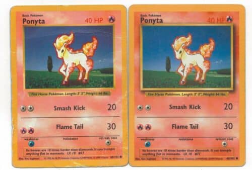 On the left, we see a shadowless Ponyta. On the right, we see an "unlimited" Ponyta, produced during Base Set's third distribution cycle, and marking the first printing to feature the drop shadow on the right side of the illustrative frame.