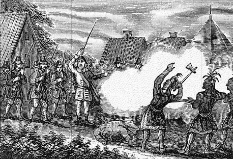 Early engraving depicting Massachusetts Colonists fighting the Pequot Indians