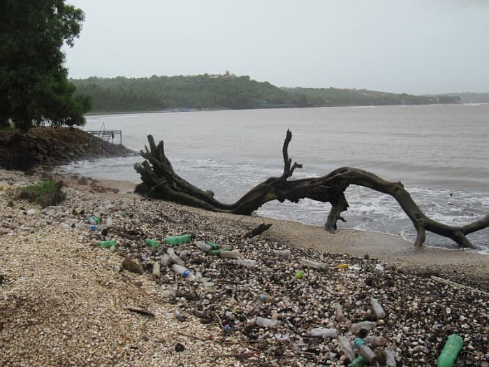 Plastic waste on an Indian beach gives the merest hint of the immense plastic waste gyres recirculating in both Atlantic and Pacific Oceans. Image courtesy 'Hajj0 ms' & Wikimedia Commons.