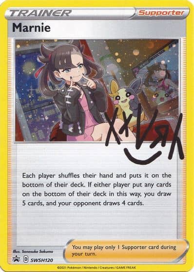 In the television show, Marnie is a gym leader who specializes in dark-type Pokémon. Some cards featuring this character fetch up to $70 each.