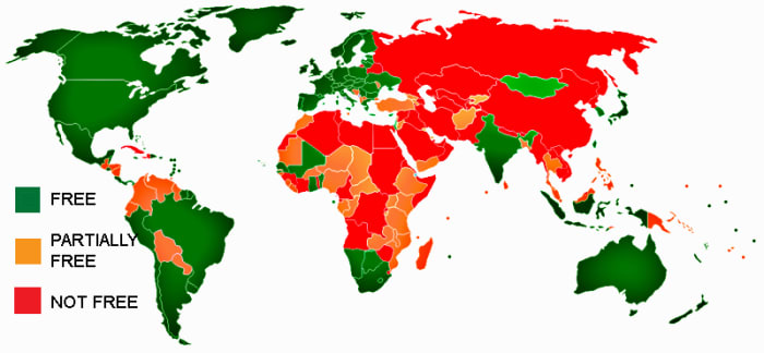Freedom House Map showing basic freedoms and civil rights in the world in 2005.Green is freest, and red is least free. The freest countries are all democracies. *See note about Freedom House and accuracy of statistics later in the article*