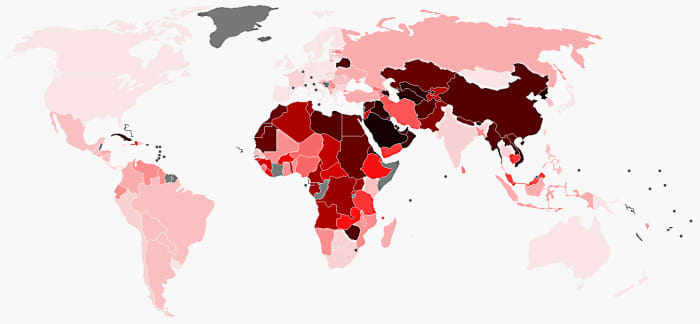 'Polity IV' political science data for nations with populations above 500,000 in 2003. The lighter the colour, the freer the nation, the darker the colour red - the less free the political process. As with the Freedom House map, democracies fare best