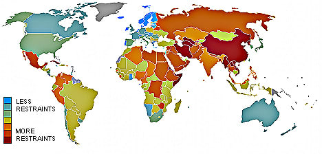 Map of the world compiled by 'Reporters Without Borders' showing levels of press freedom. Dark blue represents the countries with least press restraints, dark red, the countries with most. Unsurprisingly securely established democracies fare best