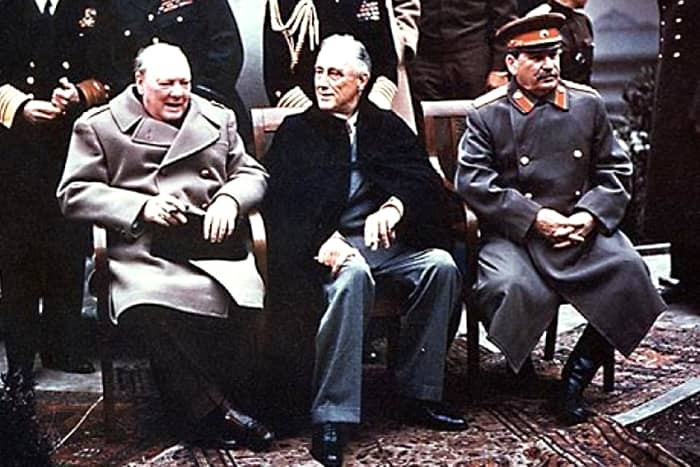 1945. Winston Churchill, Franklin D Roosevelt and Joseph Stalin meet at Yalta. The seeds of 40 years of 'cold war' and dictatorship throughout Eastern Europe were sown at the end of the Second World War