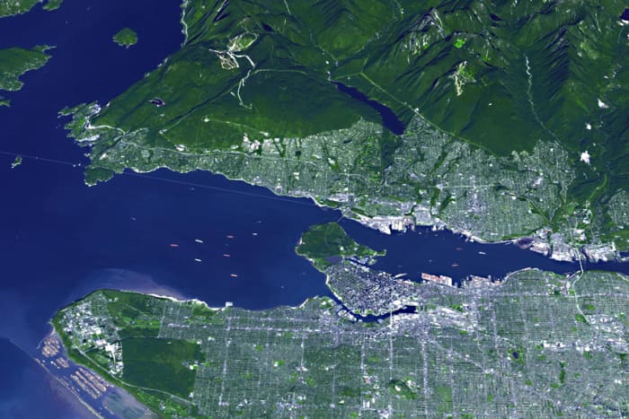The City of Vancouver as seen from space. This would appear to be a sure sign that planet Earth is biologically active! This photograph was taken by the Earth Observing System