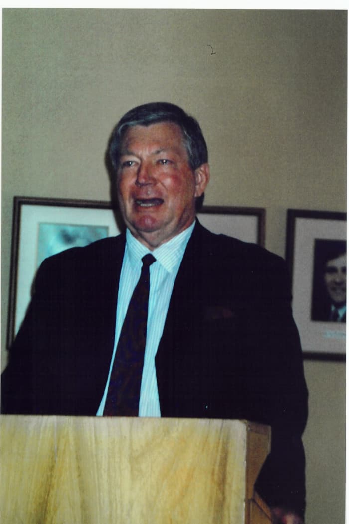 Johan Naud speaking at the launch of Colleen Ryan's updated biography of Beyers. 18 August 2005. The launch was held in a meeting room of the Aasvoelkop Church. Photo Tony McGregor