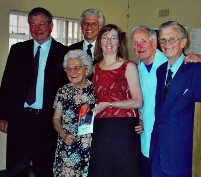 Group photo at the launch of "Pilgrimage of Faith". From left: Johan Naud, Tannie Ilse, Colleen Ryan, Bernard Spong and lifelong Beyers friend Dr Wolfram Kistner. Photo Tony McGregor