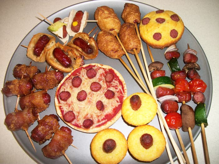 Lit'l Smokies corndogs, kabobs, corndog bites, Super Bowl bacon wrapped Smokies, pizza, waffle dogs, and mini hot dog