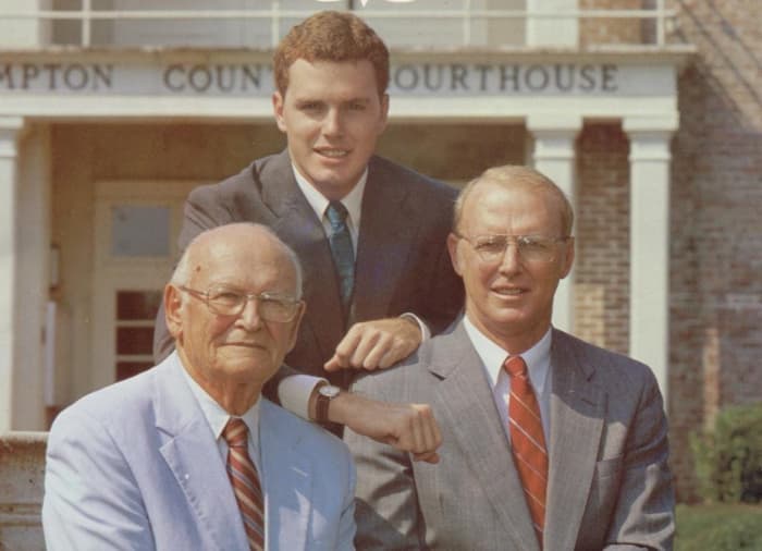 Three generations in front of the Hampton County Courthouse in South Carolina. Randolph “Buster” Murdaugh, Jr., (left), Randolph IV (center), Randolph III (right.) Photo courtesy of Bluffton Today.