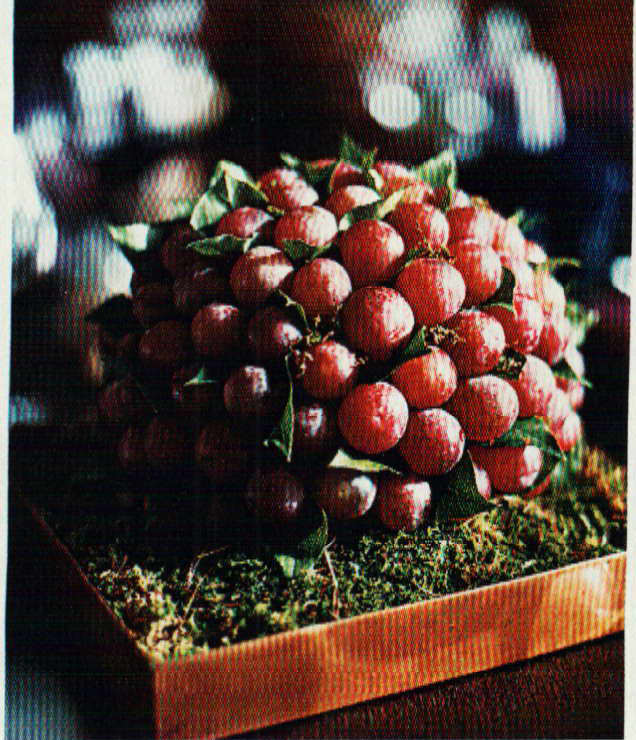 Using oasis, simply spear grapes with toothpicks and insert into the form. Fill the gaps with moss and lemon leaves. Supplies can be found at your local craft shop.
