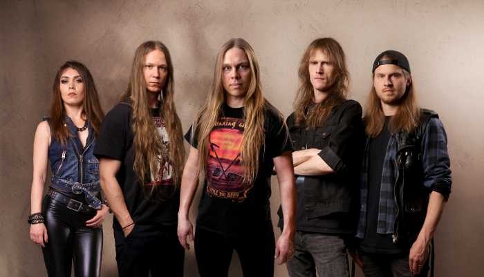 Blazon Stone, L-R: Marta Gabriel (bass), Emil Westin (guitars), Matias Palm (vox), Cederick "Ced" Forsberg (guitars), Kalle Lofgren (drums)