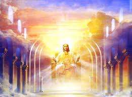 Imaginary photo of Jesus Christ in heaven sitting on his throne waiting for future things to come, when he is supposed to come riding a while horse at the head of his armies of angels.