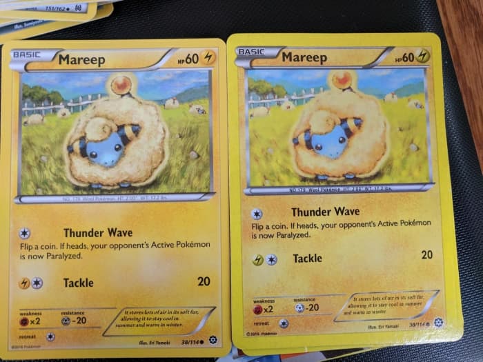 A legitimate Pokémon card on the left compared to a fake Pokémon card on the right. Note the over saturation of colors in the fake Pokémon card. Image from user jadeazora on Tumblr.