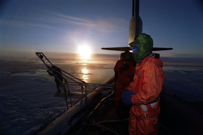 USS Pogy on an Arctic science mission. Photo by Steven Vanderwerff, USN, courtesy DoD & Wikimedia Commons.