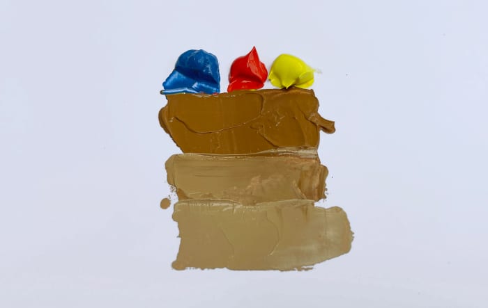 Cerulean blue, cadmium red light, and cadmium yellow light make a nice light brown. If you add some titanium white, you can make it lighter and duller, like a beige.