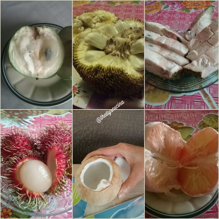 Fruits from above left to down right: Star apple, Marang, Guyabano, Rambutan, young coconut and Pomelo.