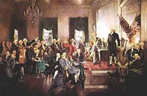 Delegates to the Philadelphia convention of 1787 sign the newly written Constitution in this 1940 painting. These men are often referred to as the "Founding Fathers." (Painting by Howard Chandler Christy, ctsy. U.S. House of Representatives.