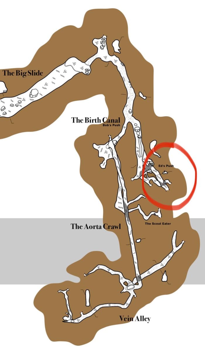 A map of the Nutty Putty Cave that have been noted and where John got stuck in Ed's Push, an uncharted area.
