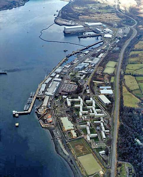Faslane Naval Base, HMNB Clyde, Scotland. Home of the Vanguard class submarines which carry the UK's current nuclear arsenal.