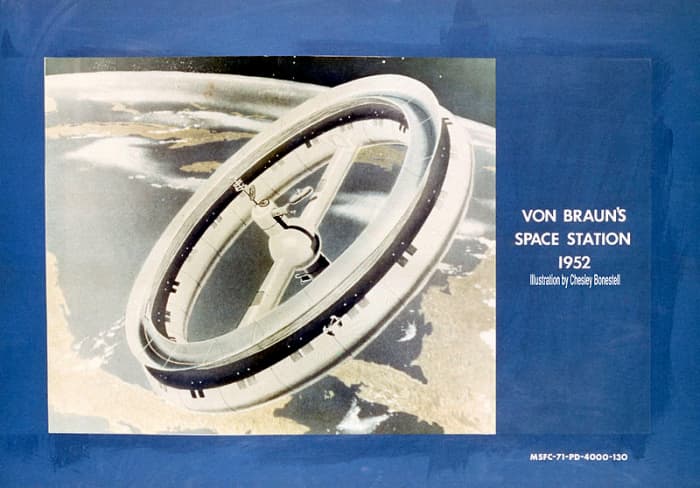 Rotating wheel space station: Wernher von Braun's 1952 Design. This is the design seen on TV's "Wonderful World of Disney" on Sunday nights in the 1960s.