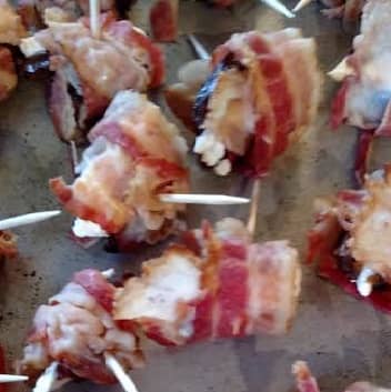 Place on a baking sheet and bake for 10 min. at 400 degrees. Baking time will vary depending on if you use raw bacon or cooked. Do not let overcook. Bacon should be golden, not dark.