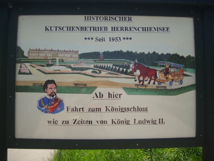 The poster of the historical carriage trip inside the park of Herrenchiemsee Palace. From there, the carriage trip with the horses for the tourist started.