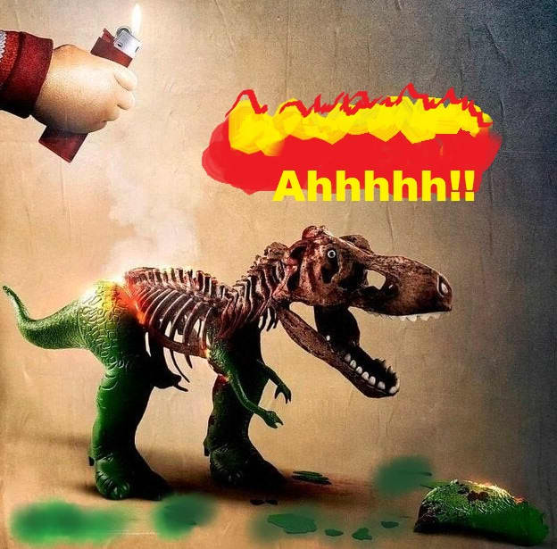 Buddi seems to be melting Toy Story's T-Rex. I remember those wax and plastic dinosaurs - I had a bunch!