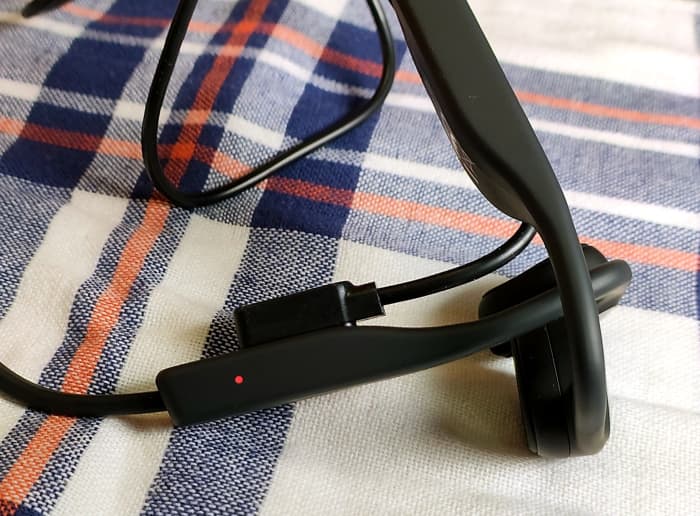 Charging the headphones. This cable will also be used to transfer music from computer to headphones