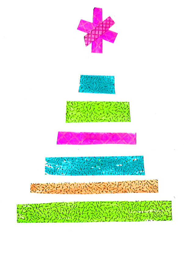 Cut strips of different lengths and arrange them with the longest on the bottom and shortest on the top. The star on top is made with several short, narrow strips of paper.