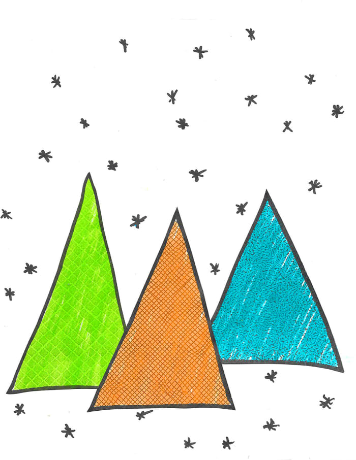 These trees are made from triangles that has been colored in. I used a black marker to outline the trees and draw in the snowflakes.